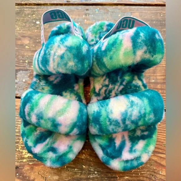 Ugg Womens Fluff Yeah Marble Sz 9 Aquatic Blue Real Lamb Fur Slide Slippers - Picture 2 of 8